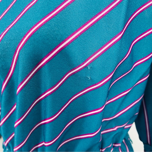 Vntg Jen Jen New York 70s Secretary Dress Teal Purple Pinstripes Puff sleeve M - Picture 9 of 13
